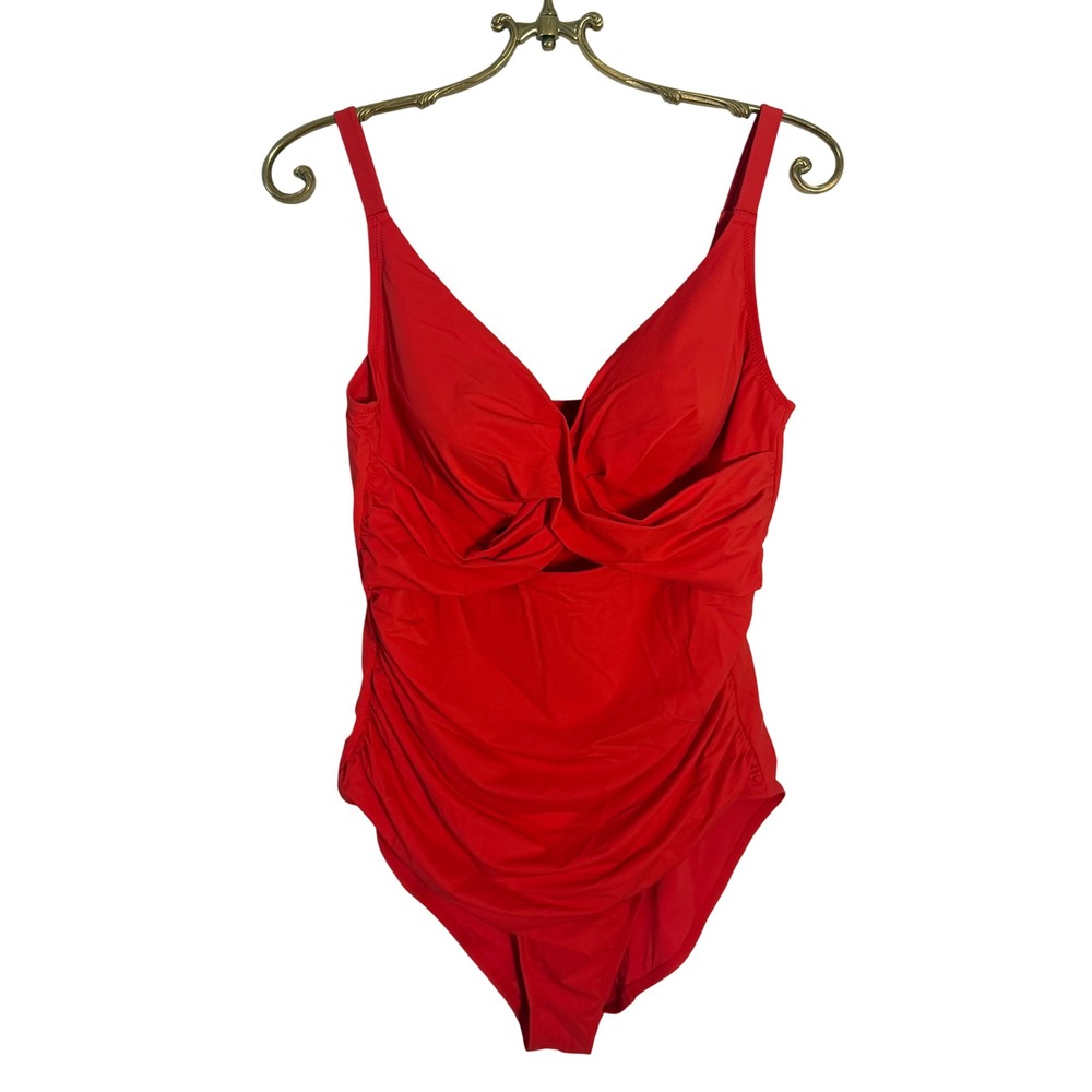 Shapellx Womens Red Ruched Twist Front One Piece Swimsuit Tummy Control XL